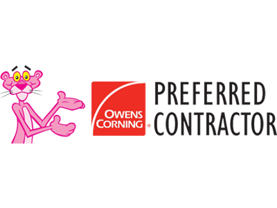 A pink and black logo for owens corning.